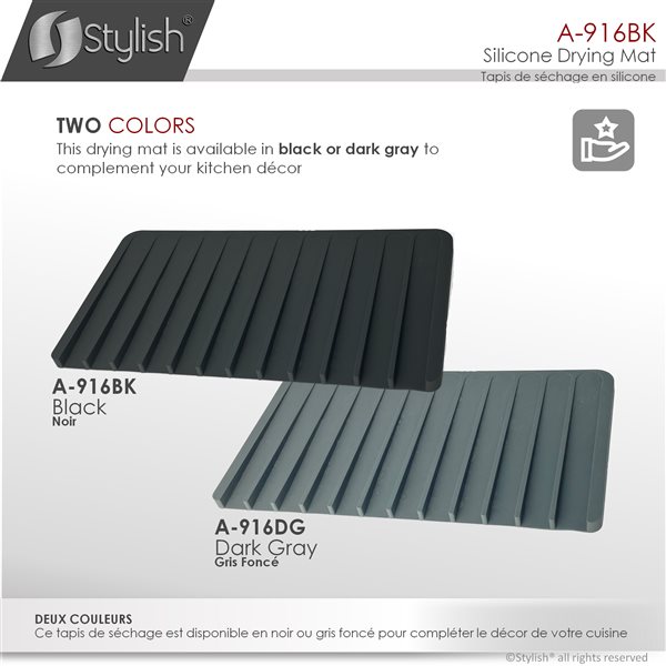 Tapis de séchage par Stylish en silicone noir de 8,12 po x 14,75 po A-916BK