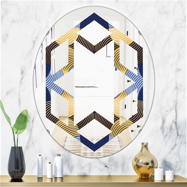 Designart Retro Luxury Waves In Blue and Gold II 35.4-in x 23.7-in Wall Mirror