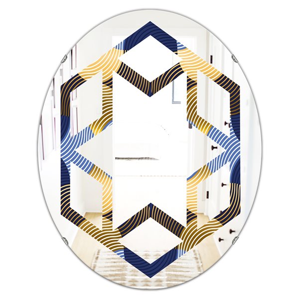 Designart Retro Luxury Waves In Blue and Gold II 35.4-in x 23.7-in Wall Mirror