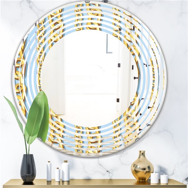 Designart 24-in x 24-in Gold Chain Pattern Round Blue Polished Wall Mirror