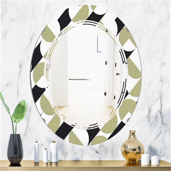 Designart Circular Abstract Retro Geometric II 35.4-in x 23.7-in Polished Yellow Oval Wall Mirror