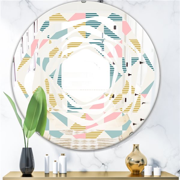 Designart Diamond Retro II 24-in x 24-in Blue Polished Round Wall Mirror