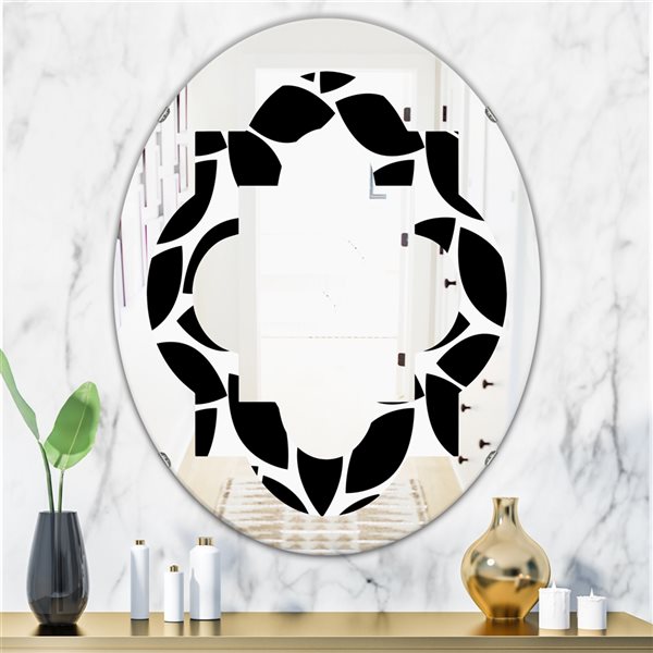Designart Monochrome Geometric Pattern XII 35.4-in x 23.7-in Oval Polished Black Wall Mirror