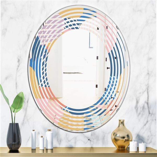 Designart Modern Geometric Shapes Pattern 35.4-in x 23.7-in Oval Blue Polished Wall Mirror