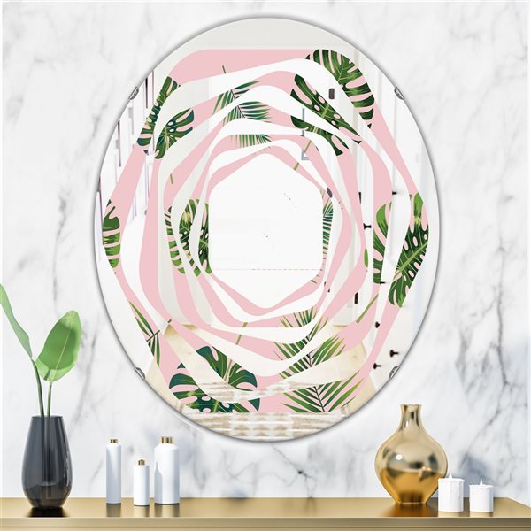Designart Palm Tropical Leaves Pattern 35.4-in x 23.7-in Green Polished Oval Wall Mirror