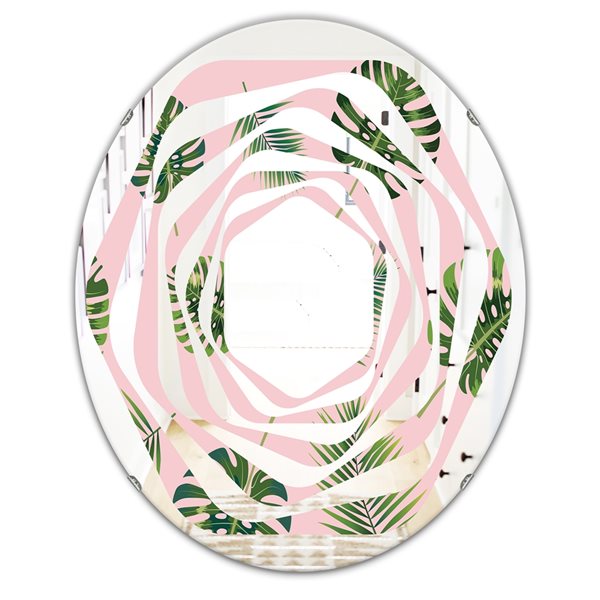 Designart Palm Tropical Leaves Pattern 35.4-in x 23.7-in Green Polished Oval Wall Mirror