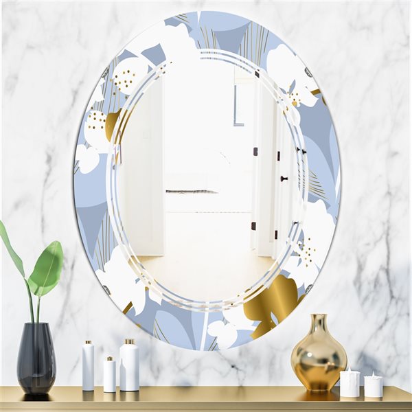 Designart Orchid Blossom Colour Pattern 35.4-in x 23.7-in Blue Oval Polished Wall Mirror