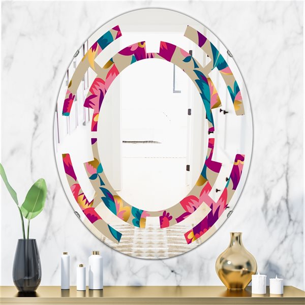 Designart 35.4-in x 23.7-in Elegant Blossom Hand Drawn Folk Pattern Multicolour Polished Oval Wall Mirror