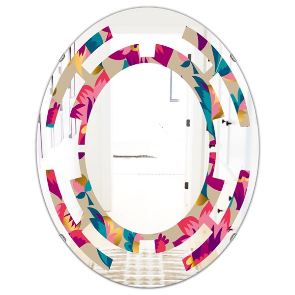 Designart 35.4-in x 23.7-in Elegant Blossom Hand Drawn Folk Pattern Multicolour Polished Oval Wall Mirror