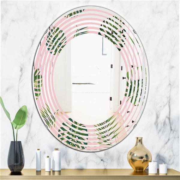 Designart Palm Tropical Leaves Pattern 35.4-in x 23.7-in Oval Green Polished Wall Mirror
