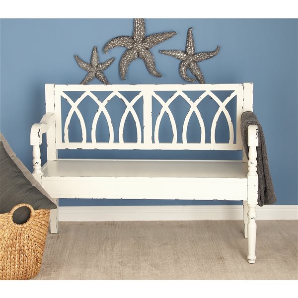 Grayson Lane Farmhouse Distressed White Wood Accent Bench