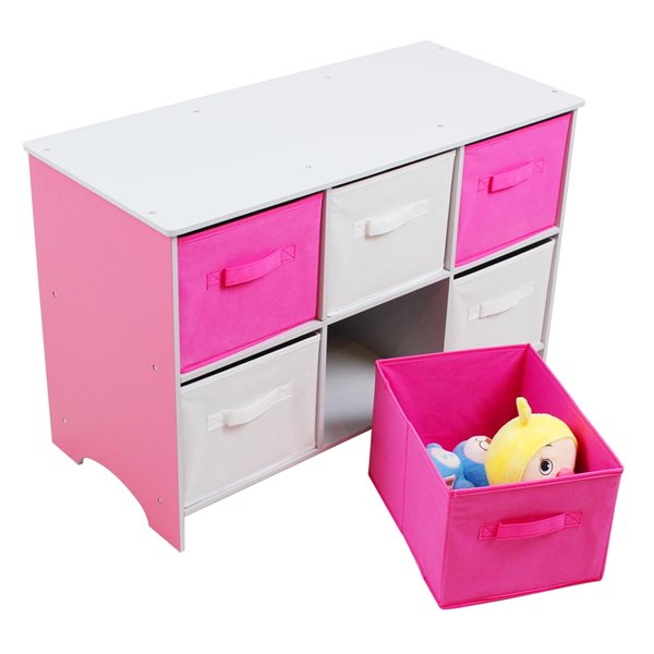 Rangement pour jouets rectangulaire par Danawares blanc et rose avec paniers en tissu