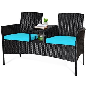 Costway Metal and Rattan Frame Patio Conversation Set with Blue Cushions Included