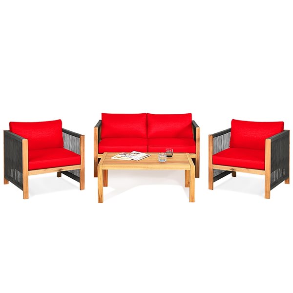 Costway Wood Frame Patio Conversation Set with Red Cushions Included - 4-Piece