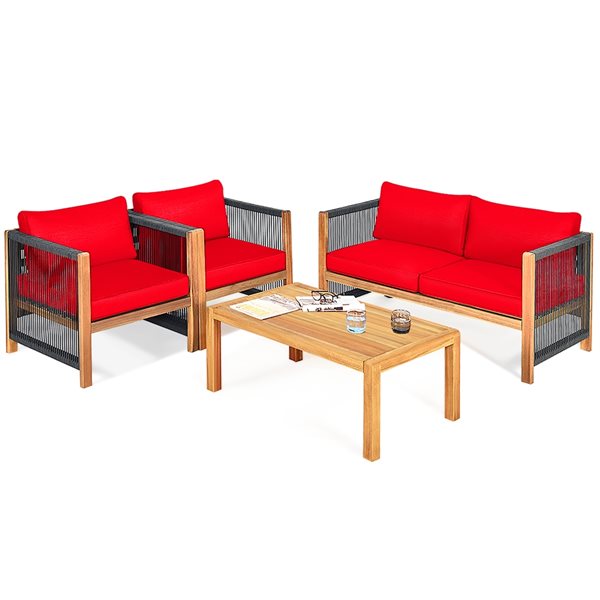 Costway Wood Frame Patio Conversation Set with Red Cushions Included - 4-Piece