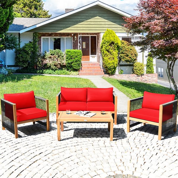 Costway Wood Frame Patio Conversation Set with Red Cushions Included - 4-Piece