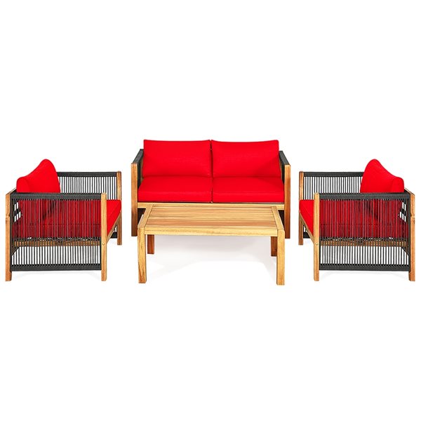Costway Wood Frame Patio Conversation Set with Red Cushions Included - 4-Piece