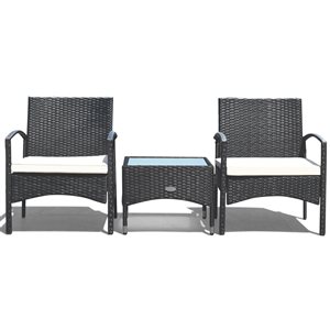 Costway Black Metal and Rattan Frame Patio Conversation Set with White Cushions Included - 3-Piece