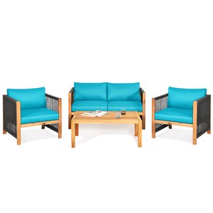 Costway Acacia Wood Frame Patio Conversation Set with Blue Cushions Included - 4-Piece