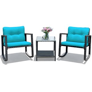 Costway Metal and Rattan Frame Patio Conversation Set with Blue Cushions Included - 3-Piece