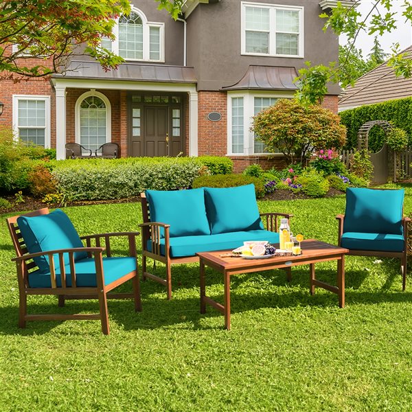 Costway Wood Frame Patio Conversation Set with Blue Cushions Included - 4-Piece