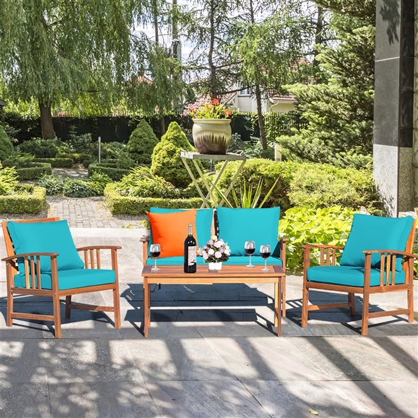 Costway Wood Frame Patio Conversation Set with Blue Cushions Included - 4-Piece