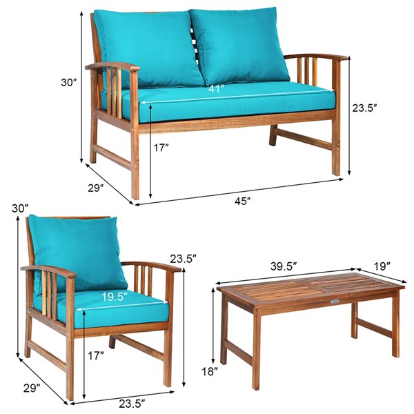 Costway Wood Frame Patio Conversation Set with Blue Cushions Included - 4-Piece