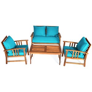 Costway Wood Frame Patio Conversation Set with Blue Cushions Included - 4-Piece