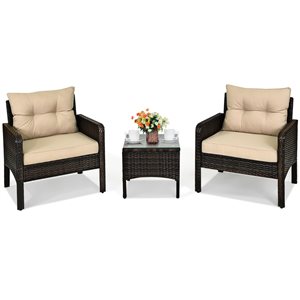 Costway Metal and Rattan Frame Patio Conversation Set with Beige Cushions Included - 3-Piece