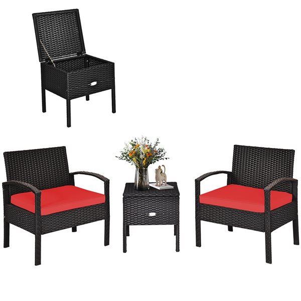 Costway Brown Metal and Rattan Frame Patio Conversation Set with Red Cushions Included - 3-Piece