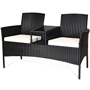 Costway Rattan and Metal Frame Patio Conversation Set with White Cushions Included