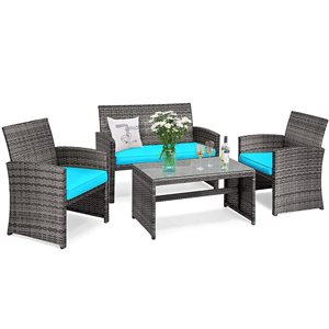 Costway Metal and Rattan Frame Patio Conversation Set with Blue Cushions Included - 4-Piece