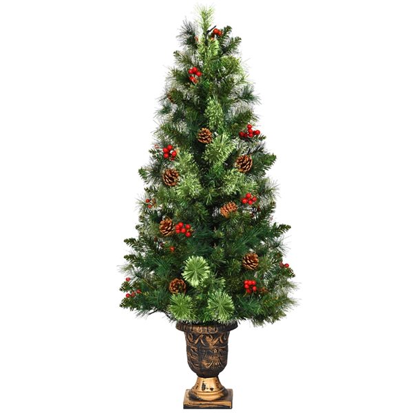 Costway 5-ft Pre-Lit Potted Slim Green Artificial Christmas Tree with 100 Constant Warm White LED Lights