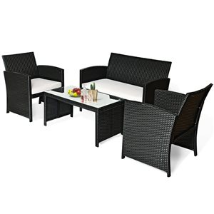 Costway Black Metal and Rattan Frame Patio Conversation Set with White Cushions Included - 4-Piece