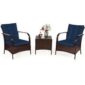 Costway Metal and Rattan Frame Patio Conversation Set with Navy Blue Cushions Included - 3-Piece