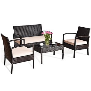 Costway Rattan and Metal Frame Patio Conversation Set with Off-White Cushions Included - 4-Piece