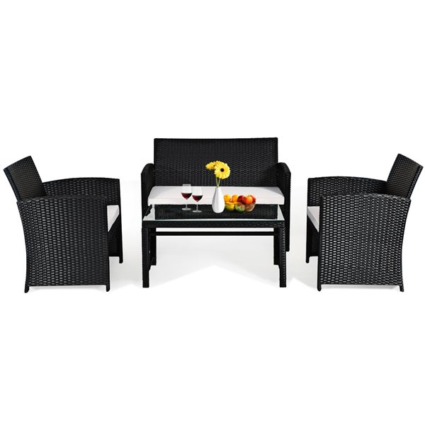 Costway Rattan and Metal Frame Patio Conversation Set with White Cushions Included - 4-Piece