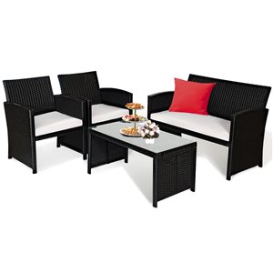 Costway Rattan and Metal Frame Patio Conversation Set with White Cushions Included - 4-Piece