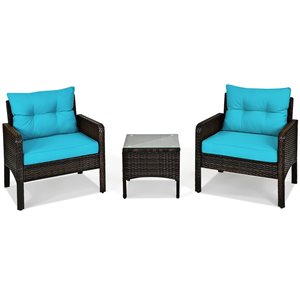 Costway Rattan and Metal Frame Patio Conversation Set with Blue Cushions Included - 3-Piece