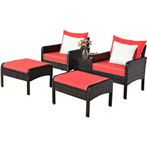 Costway Metal and Rattan Frame Patio Conversation Set with Red Cushions Included - 5-Piece