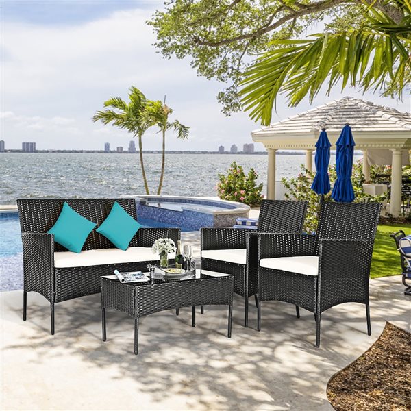 Costway Metal and Rattan Frame Patio Conversation Set with White Cushions Included 4 Piece HW53485 RONA