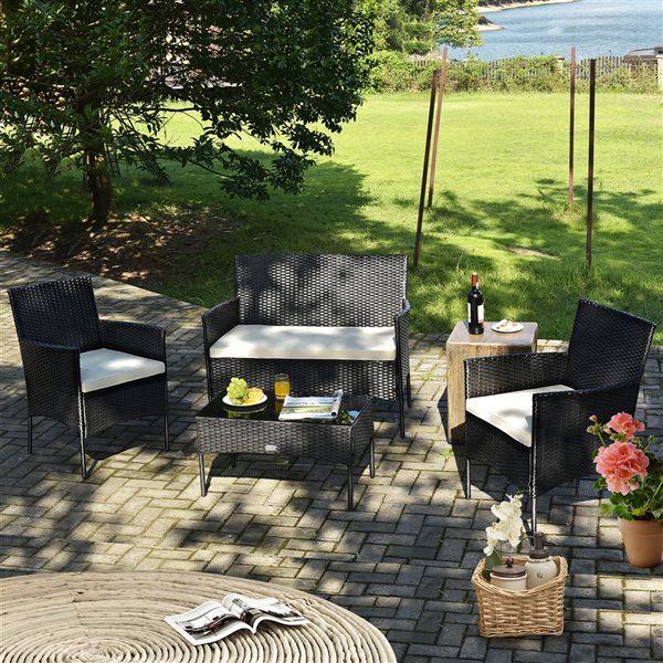 Costway Metal and Rattan Frame Patio Conversation Set with White