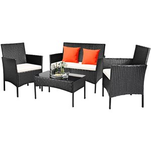 Costway Metal and Rattan Frame Patio Conversation Set with White Cushions Included - 4-Piece