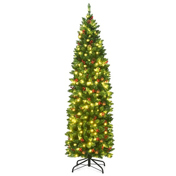 Costway 6.5-ft Pre-Lit Slim Green Artificial Christmas Tree with 250 Constant Warm White LED Lights
