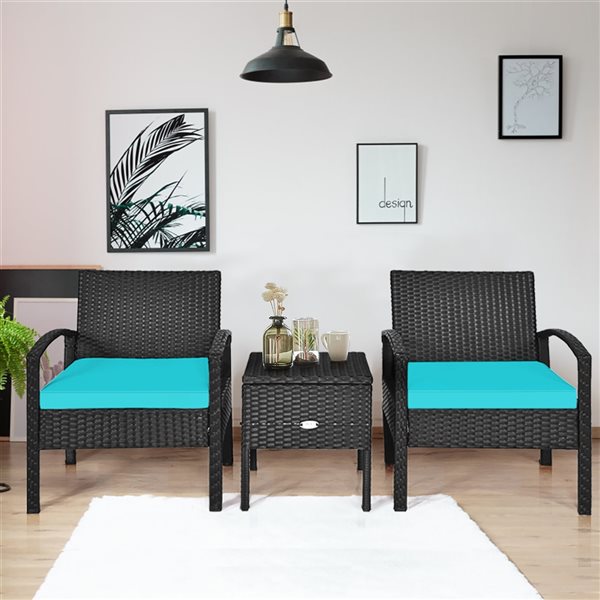 Costway Rattan Frame Patio Conversation Set with Blue Cushions Included - 3-Piece