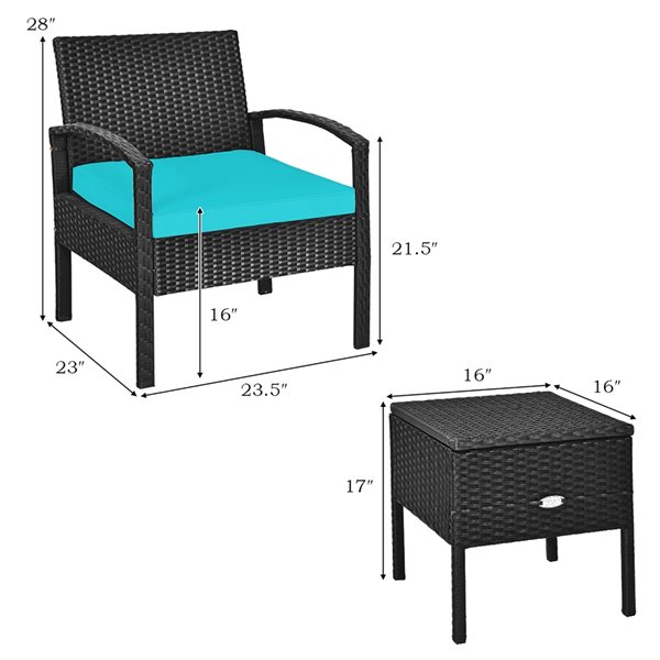 Costway Rattan Frame Patio Conversation Set with Blue Cushions Included - 3-Piece