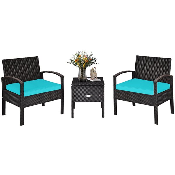 Costway Rattan Frame Patio Conversation Set with Blue Cushions Included - 3-Piece