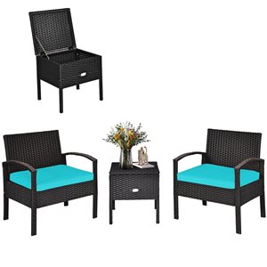 Costway Rattan Frame Patio Conversation Set with Blue Cushions Included - 3-Piece