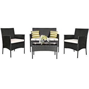 Costway Rattan Metal Frame Patio Conversation Set with White Cushions Included - 4-Piece