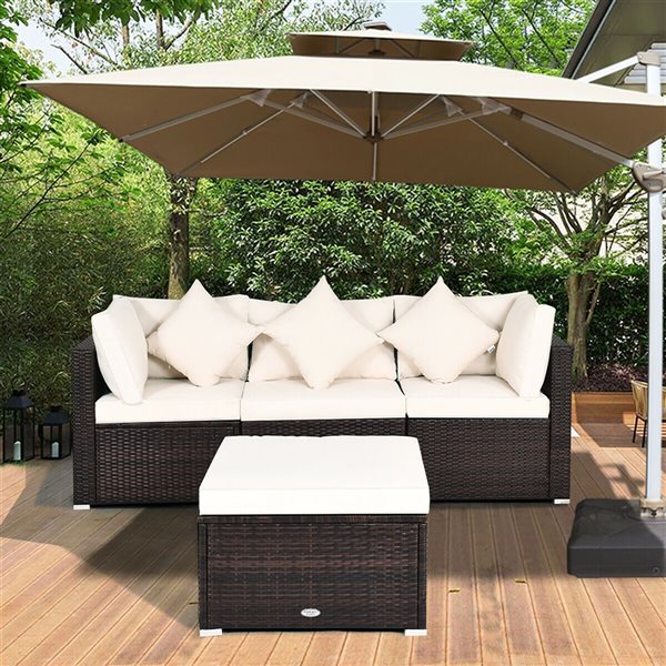 Costway Brown Metal and Rattan Frame Patio Conversation Set with White Cushions Included - 4-Piece